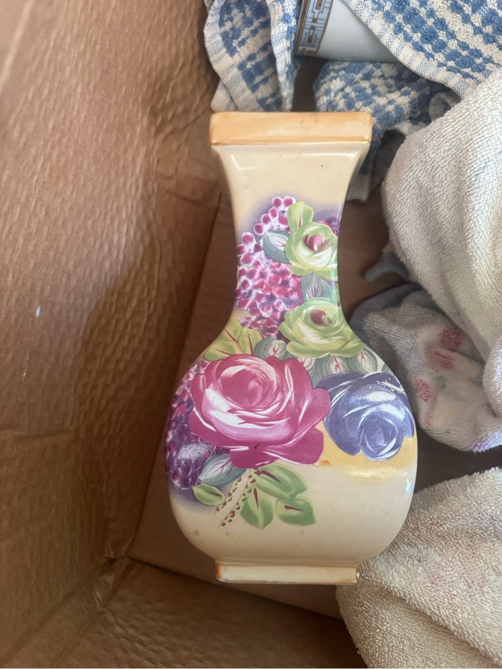 Floral Decorative Ceramic Vase - Cream with Pink & Purple Roses